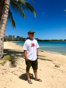 White short-sleeve Braddahood tshirt with Red logo