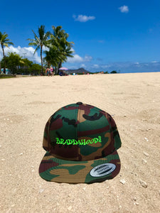 Braddahood808 Camo with Green writing Flat billed snapback Hats