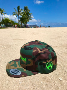 Braddahood808 Camo with Green writing Flat billed snapback Hats