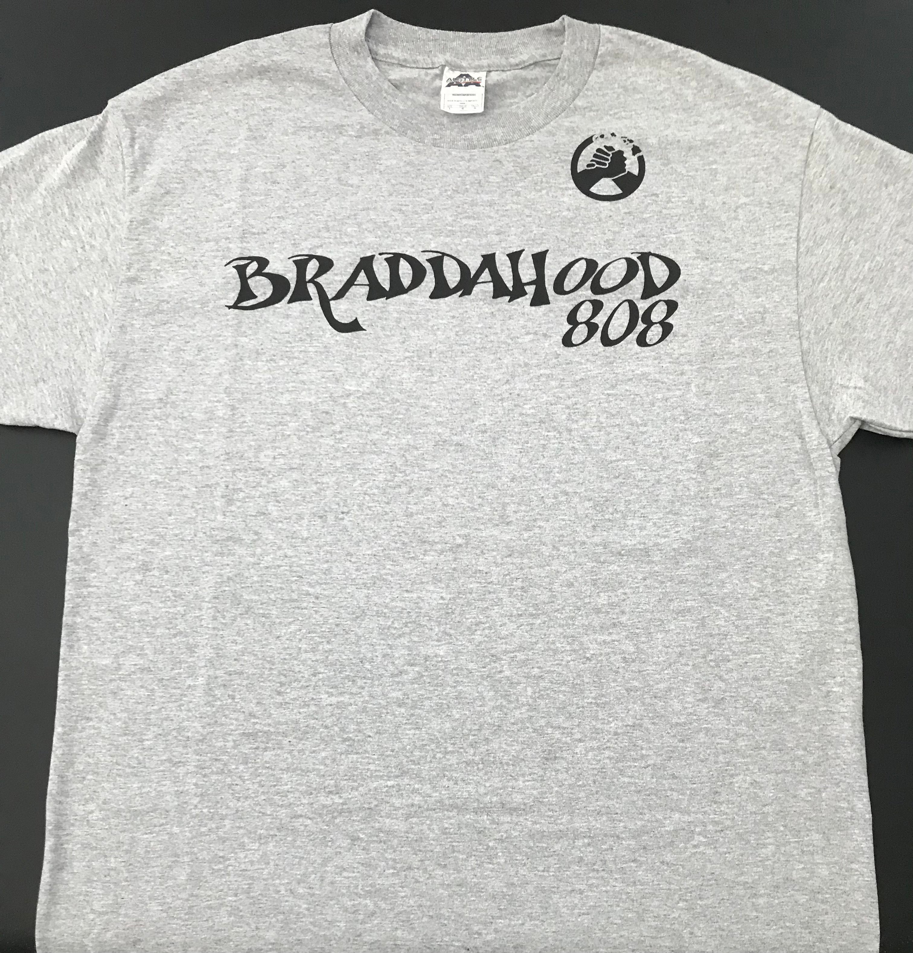 Braddahood808 Grey cotton tshirt with black writing.